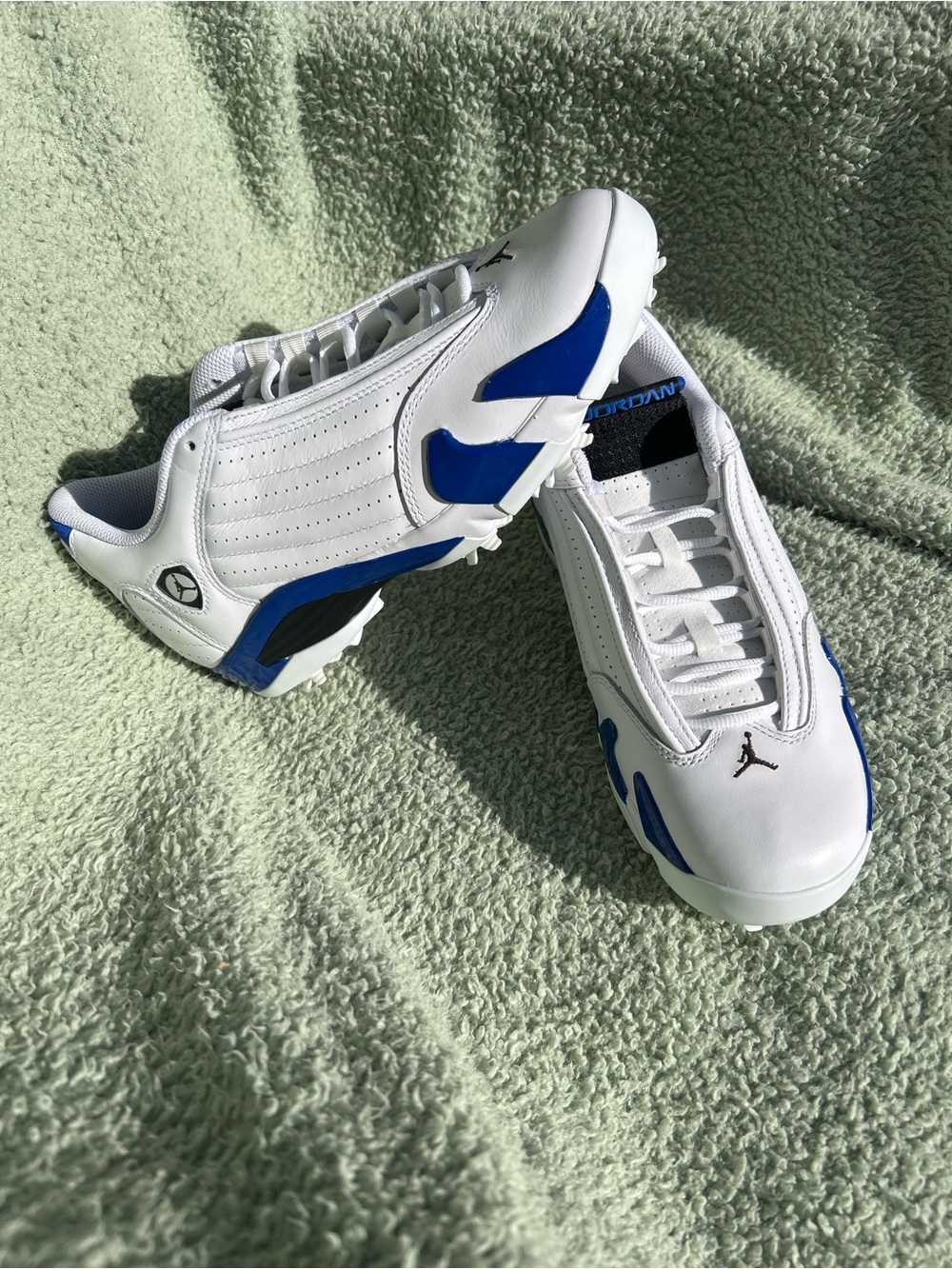 Air Jordan 14 Retro Men’s White and Blue Low Spiked Golf Shoes